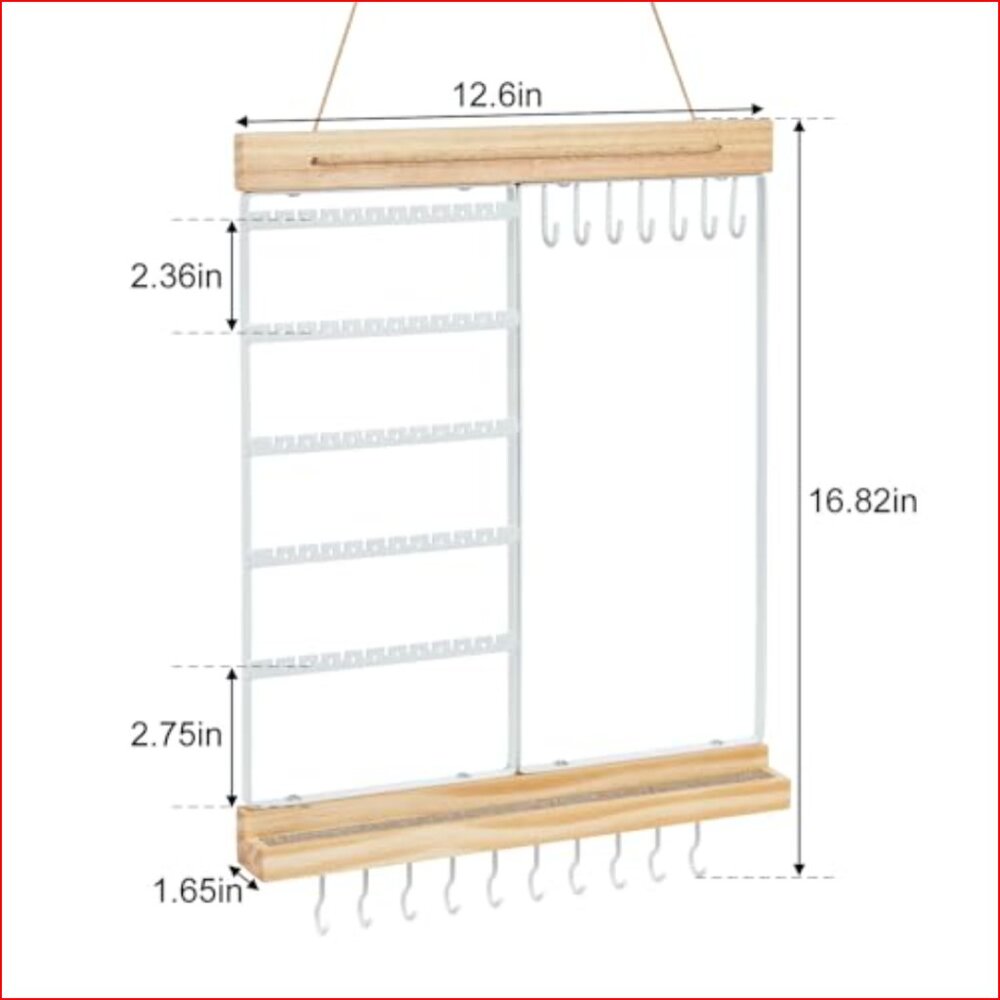 5-Tier Hanging Jewelry Organizer with Wall Mount, White Metal and Wood - Picture 3 of 7